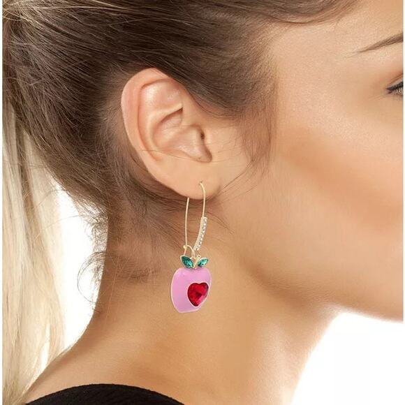 Betsey Johnson Apple Dangle Earrings Red Pink Playful Whimsy Teacher Barbie - Picture 2 of 7